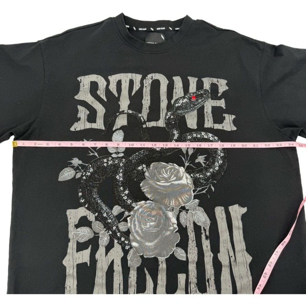 STONE FALCON XL T-Shirt Black Snake Rose Rhinestone Graphic Streetwear Tee - Picture 5 of 11